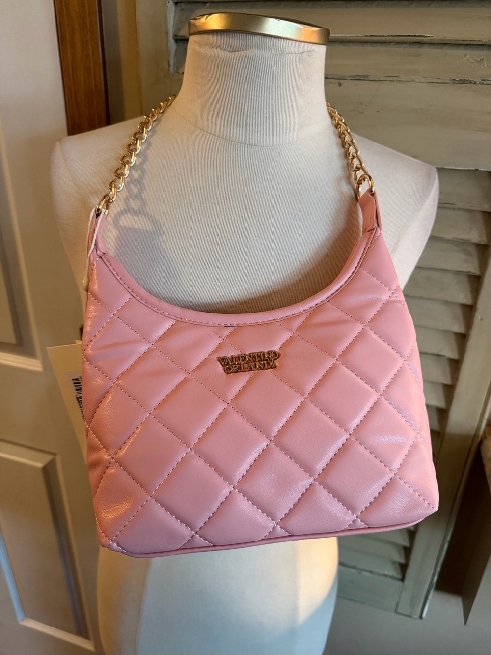 Valentino Orlandi Quilted Pink Shoulder Bag with Gold Chain Strap